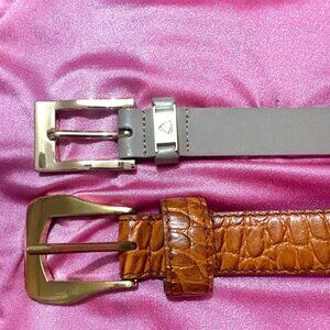 Liz Claiborne Gold Buckle belts (2)- light grey &  tan grained -Size 34"